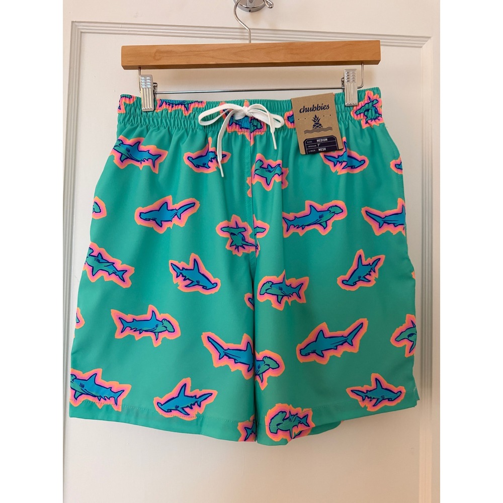 Chubbies Apex Swimmers Men's M 7" Teal Sharks Swim Trunks NWT Mesh Lined